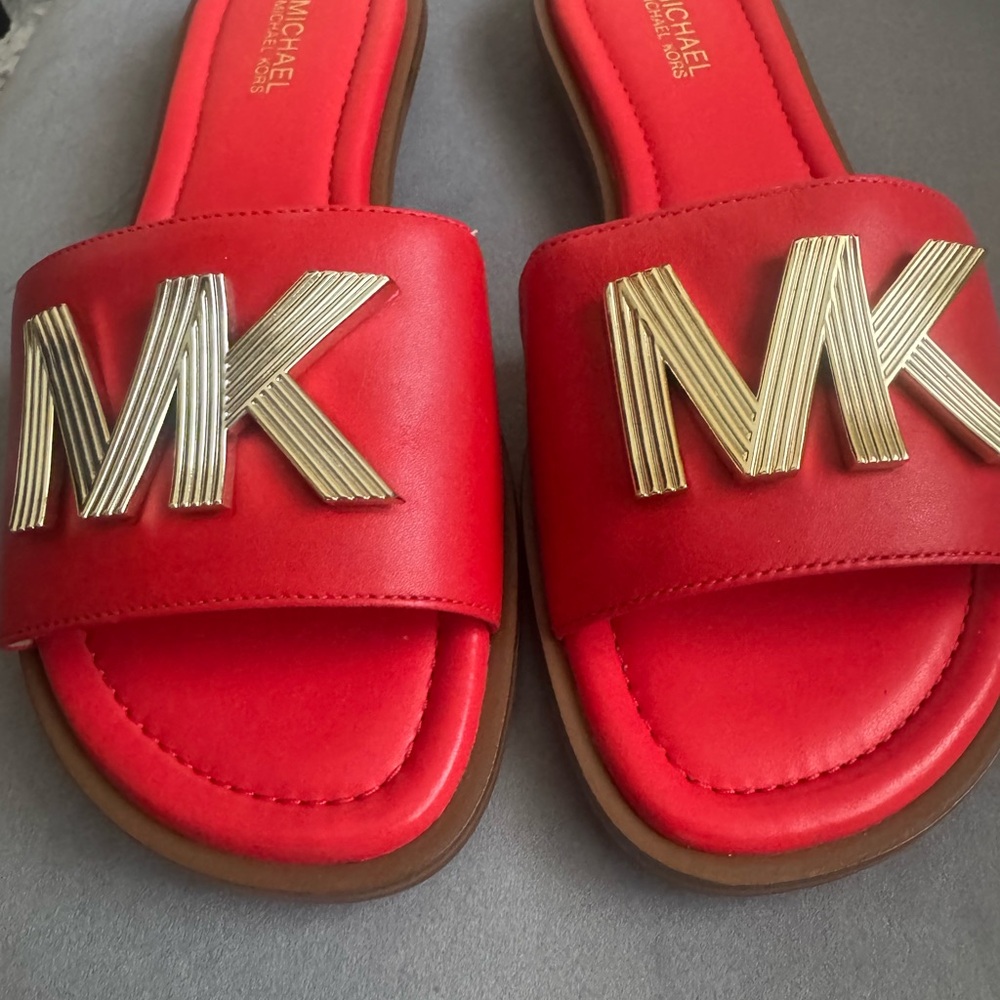 Michael Kors Red Slides with Gold Logo - Picture 1 of 4